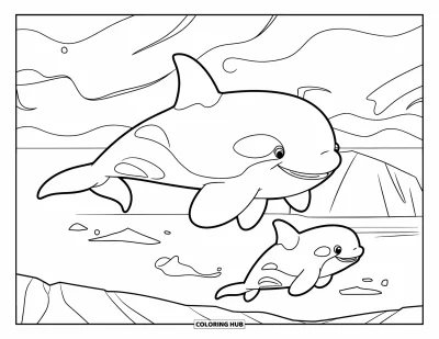 Coloriage d'orque pour enfants : Une mère, un père et un bébé orque nagent calmement sous les aurores boréales