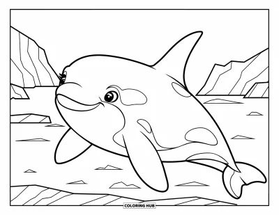 Coloriage d'orque pour enfants : Une orque paisible flotte dans une mer arctique entourée d'icebergs