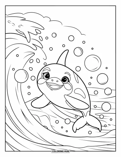 Coloriage d'orque pour enfants : Une orque espiègle saute au-dessus d'une vague remplie de bulles dans une mer calme