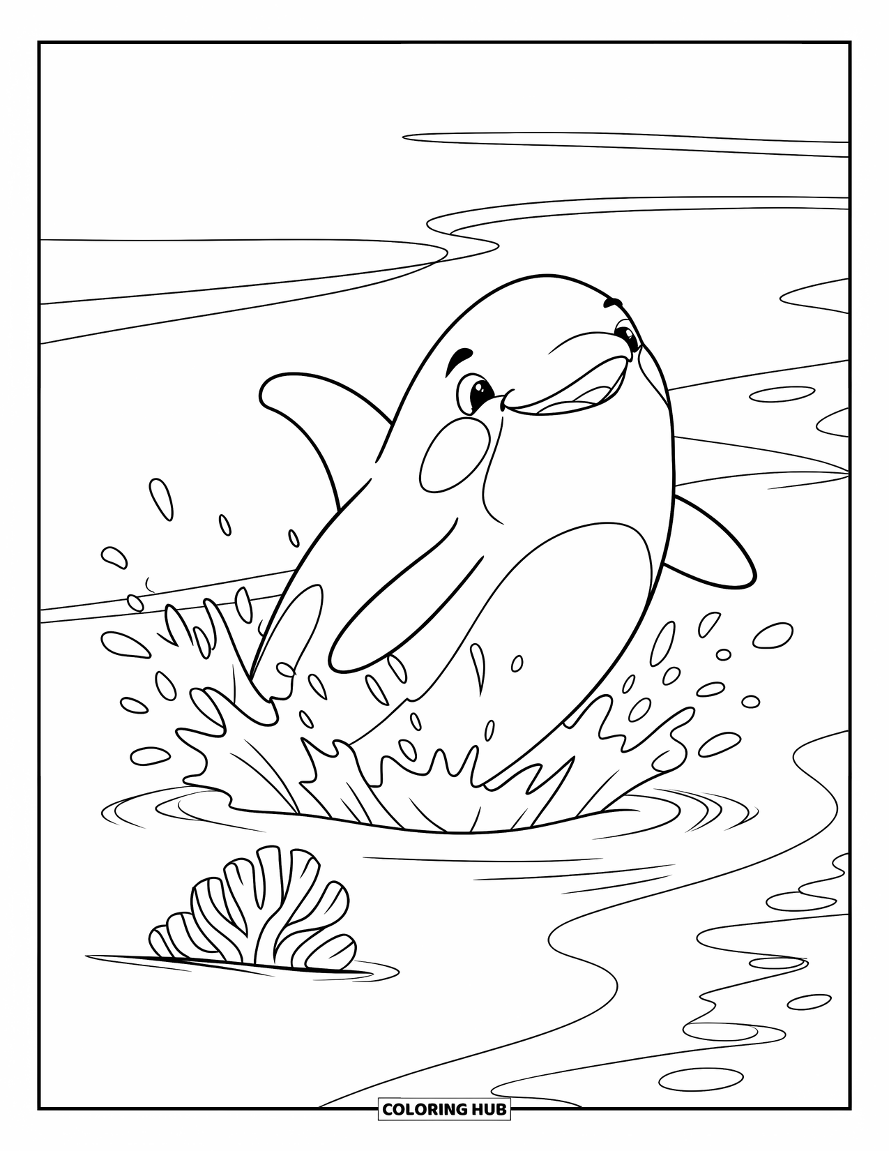 Orca Coloring Page for Kids: A playful orca jumps and splashes water near coral by a beach