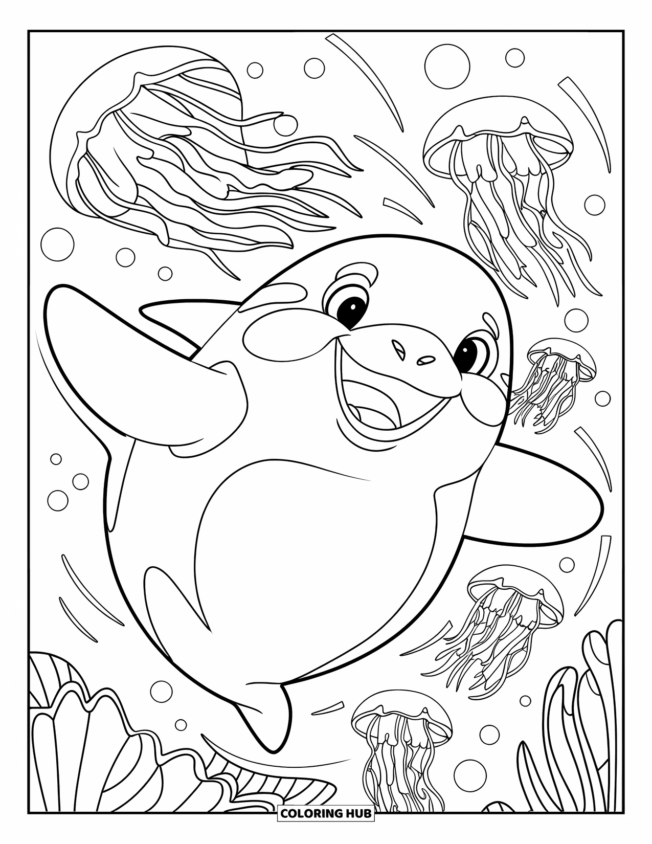 Orca Coloring Page for Kids: A playful orca spins underwater with jellyfish floating nearby
