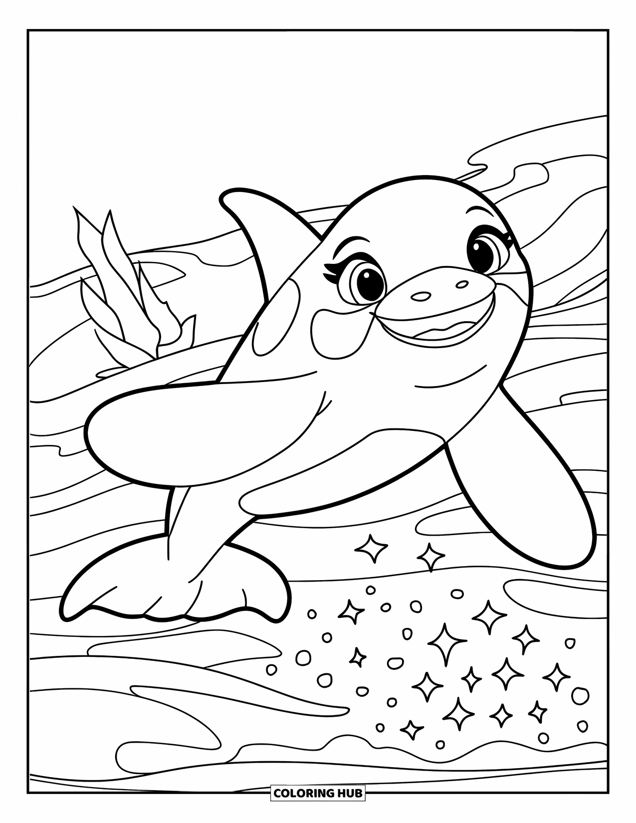 Orca Coloring Page for Kids: A playful teenage orca leaps near floating kelp and sparkling sea foam