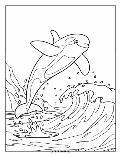 Coloriage d'orque pour enfants : Une orque puissante jaillit hors de l'eau au-dessus des vagues qui s'écrasent sur des rochers
