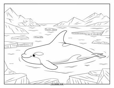 Coloriage d'orque pour enfants : Une orque paisible nage près de la surface entourée de pics glacés et d'icebergs