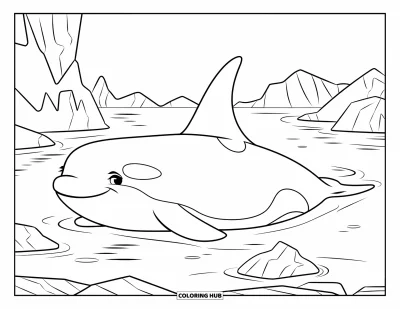 Coloriage d'orque pour enfants : Une orque sereine glisse calmement dans un vaste océan glacé