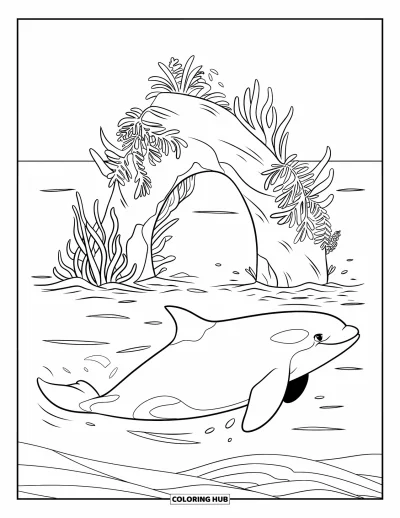 Coloriage d'orque pour enfants : Une orque élancée plonge près d'une arche marine couverte de plantes aquatiques