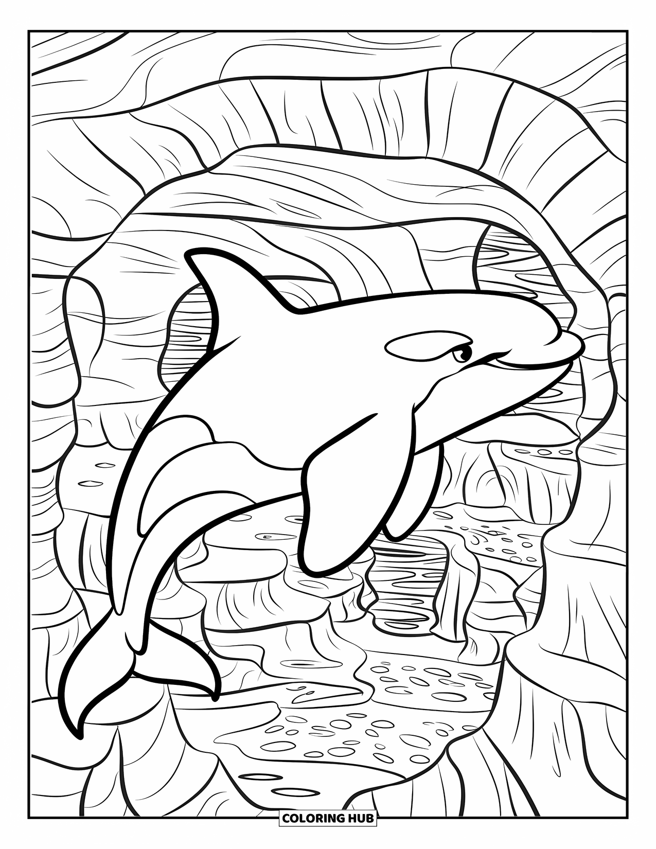 Orca Coloring Page for Kids: A sleek orca swims through an underwater canyon filled with rocky tunnels