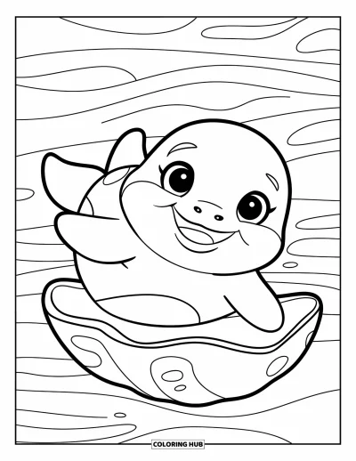 Coloriage d'orque pour enfants : Un bébé orque souriant flotte près d'un grand coquillage dans des vagues calmes
