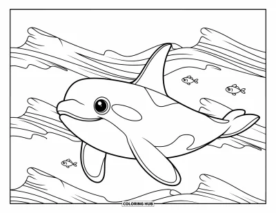 Coloriage d'orque pour enfants : Une orque souriante flotte au-dessus de crêtes océaniques avec de petits poissons ronds à proximité