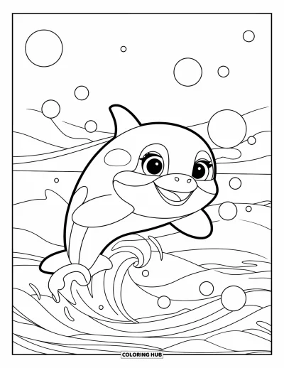 Coloriage d'orque pour enfants : Une orque souriante bondit au-dessus de l'océan entourée de grandes bulles