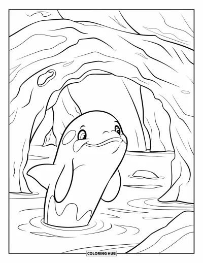 Coloriage d'orque pour enfants : Une orque souriante nage vers une grotte marine rocheuse par une belle journée