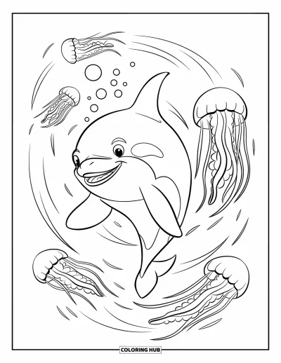 Coloriage d'orque pour enfants : Une orque souriante tourbillonne sous l'eau parmi des méduses et des bulles qui remontent