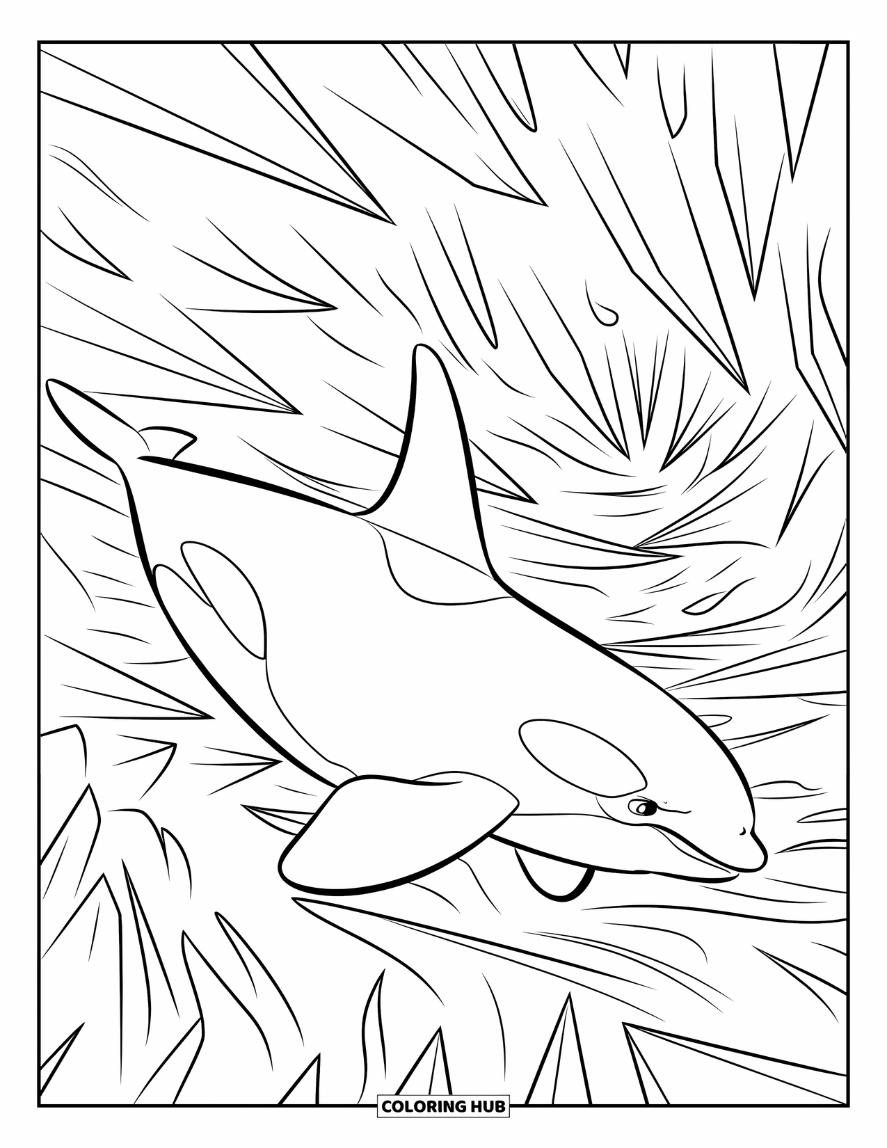 Orca Coloring Page for Kids: An orca curves through jagged canyons in a reef, surrounded by plants