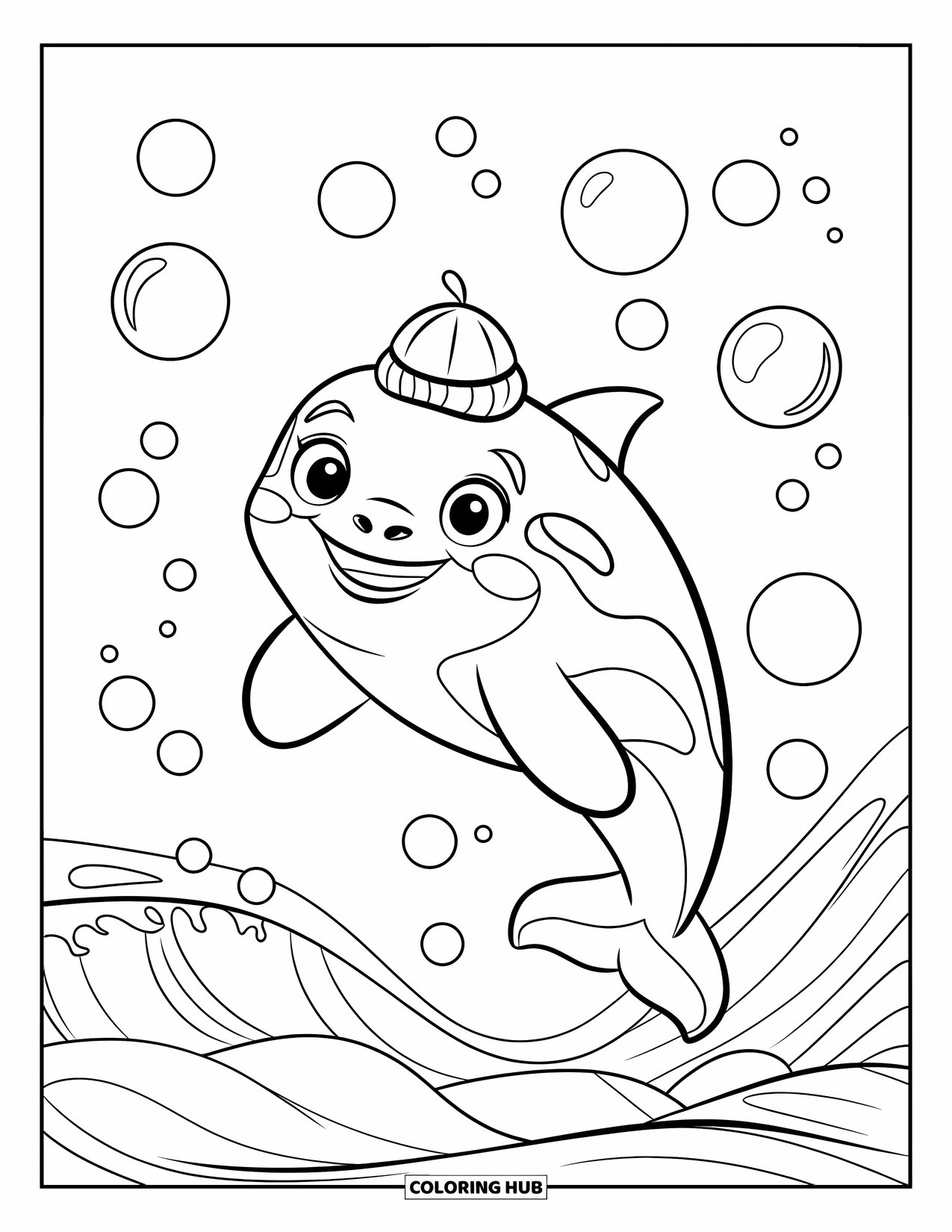 Orca Coloring Page for Kids: An orca in a small hat jumps over waves and bubbles