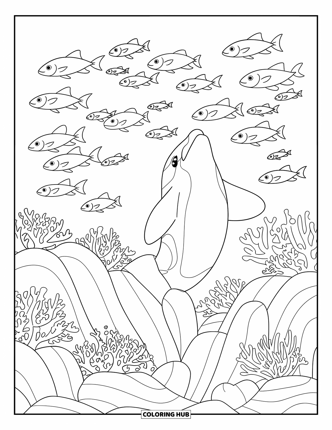 Orca Coloring Page for Kids: An orca jumps as fish swim through coral hills in clear water