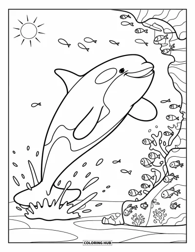 Coloriage d'orque pour enfants : Une orque jaillit hors de l'eau près d'un récif plein de vie marine