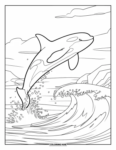 Coloriage d'orque pour enfants : Une orque s'élance au-dessus des vagues blanches qui s'écrasent contre des côtes rocheuses
