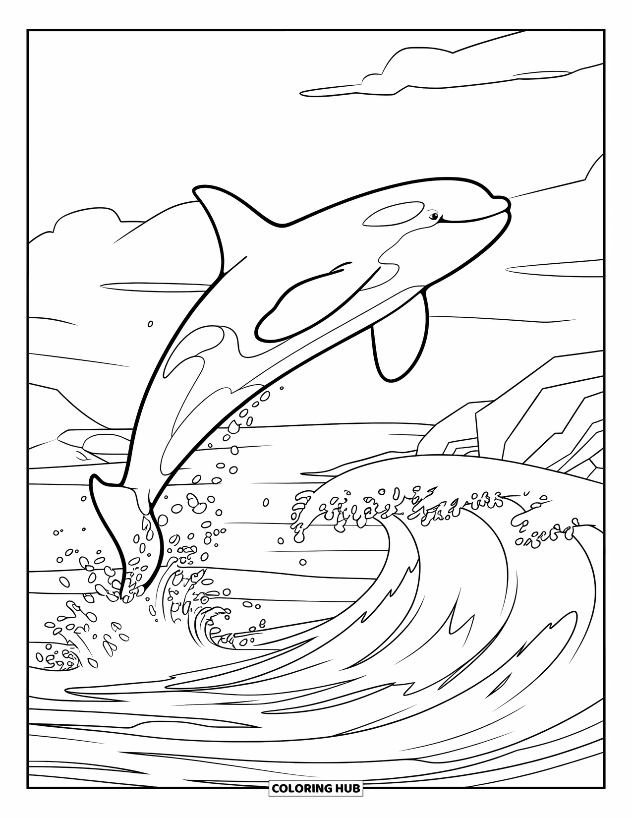 Orca Coloring Page for Kids: An orca launches above white waves crashing against rocky coasts