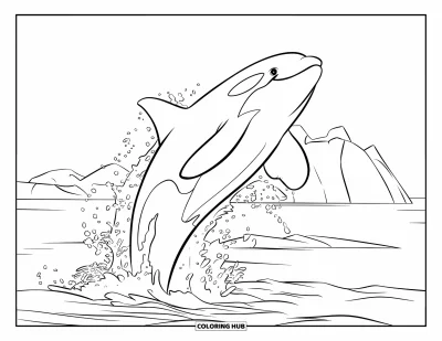 Coloriage d'orque pour enfants : Une orque bondit haut au-dessus de l'eau avec des icebergs lointains en arrière-plan