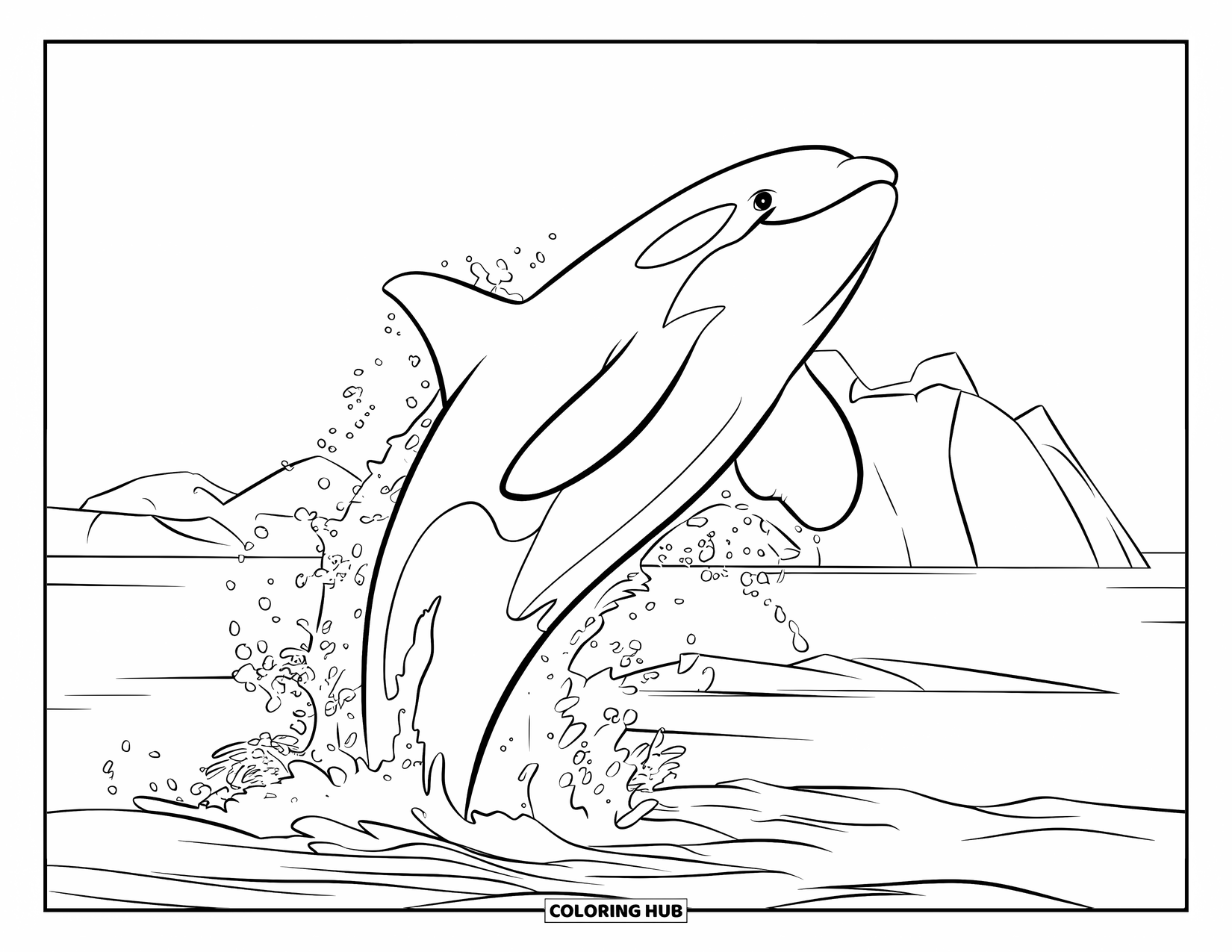 Orca Coloring Page for Kids: An orca leaps high above the water with distant icebergs in the background