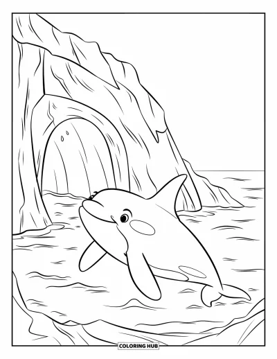 Coloriage d'orque pour enfants : Une orque s'approche d'une grotte rocheuse au pied d'une falaise en pleine mer