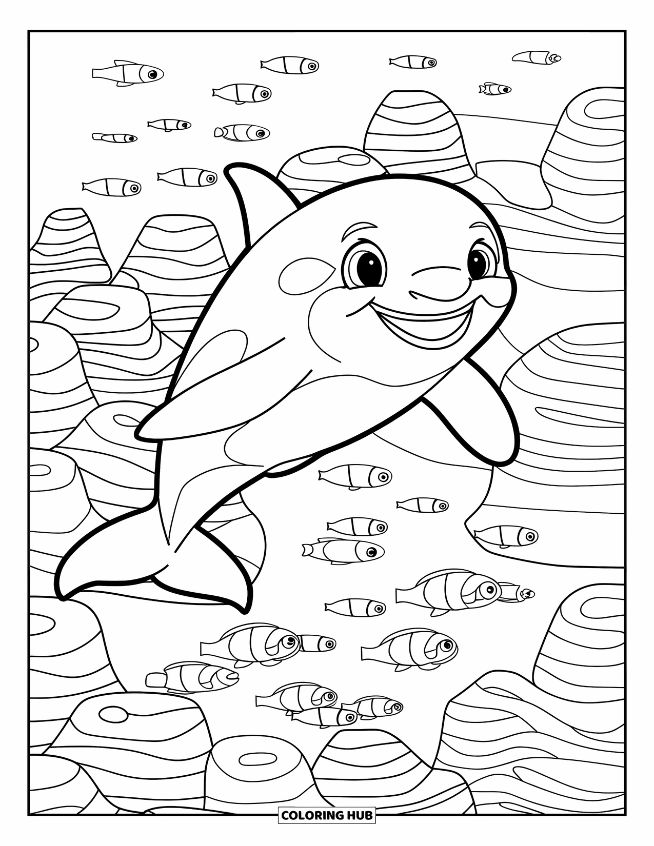 Orca Coloring Page for Kids: An orca smiles while jumping above coral and various swimming fish