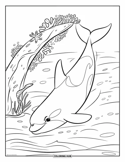 Coloriage d'orque pour enfants : Une orque nage près d'une arche marine entourée de petites vagues océaniques