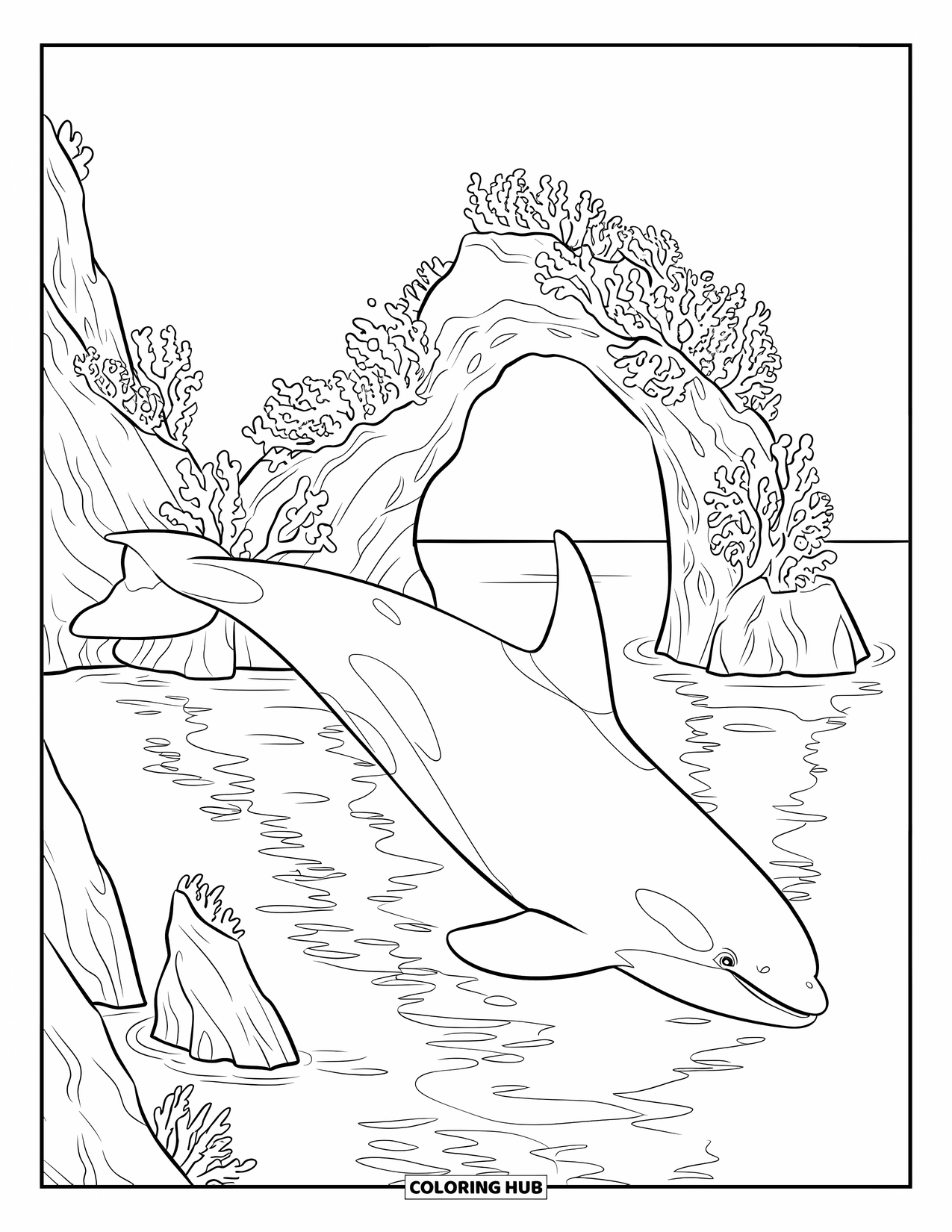 Orca Coloring Page for Kids: An orca swims beside a plant-covered arch and rocky coastal shapes