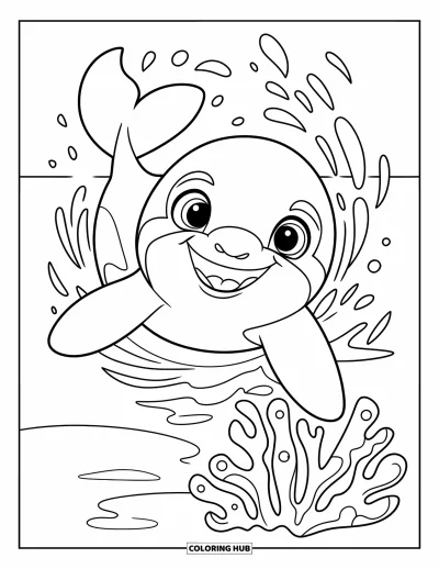 Coloriage d'orque pour enfants : Une orque nage près de coraux en éclaboussant dans un océan profond