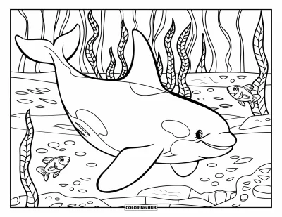 Coloriage d'orque pour enfants : Une orque nage paisiblement dans une forêt de grandes algues avec des poissons