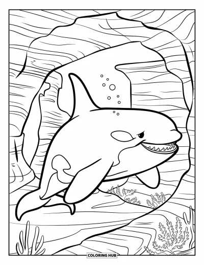 Coloriage d'orque pour enfants : Une orque traverse des tunnels de récif et des canyons sous-marins avec des plantes alentour