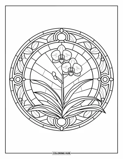Desenho de orquídea para colorir para adultos: Orquídea em flor no centro de um design circular estilo vitral com folhas