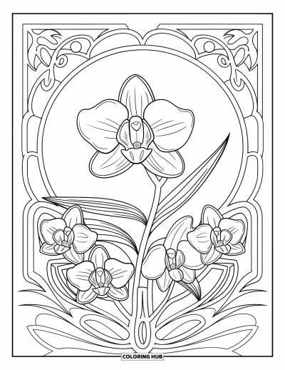 Desenho de orquídea para colorir para adultos: Flor de orquídea central emoldurada por orquídeas e cipós em borda circular