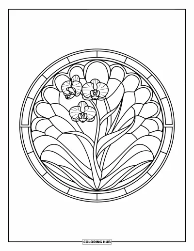 Desenho de orquídea para colorir para adultos: Design circular estilo vitral com orquídea central e seções de folhas