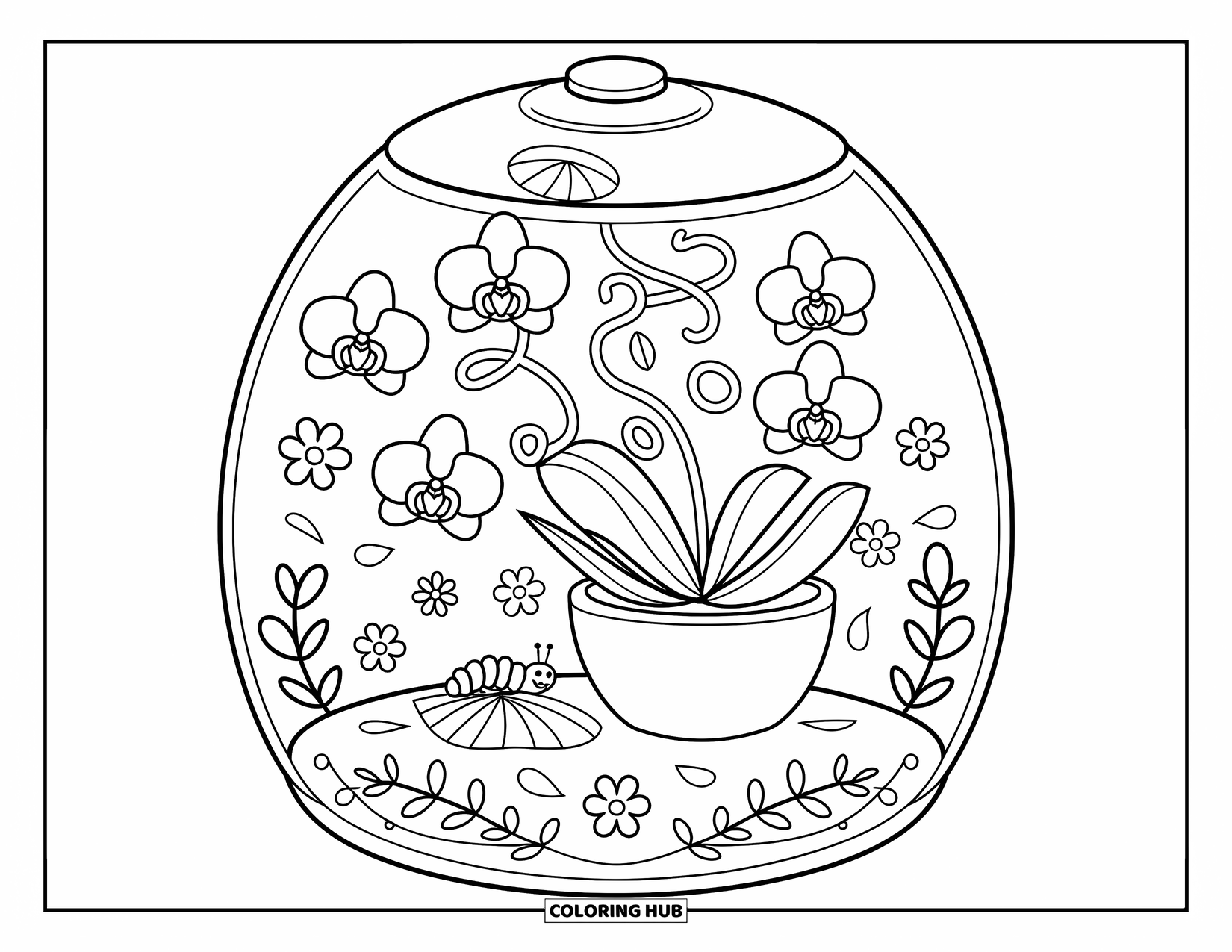 Orchid Coloring Page for Adults: Cozy terrarium scene with floating orchids, curling vines, and a curious caterpillar