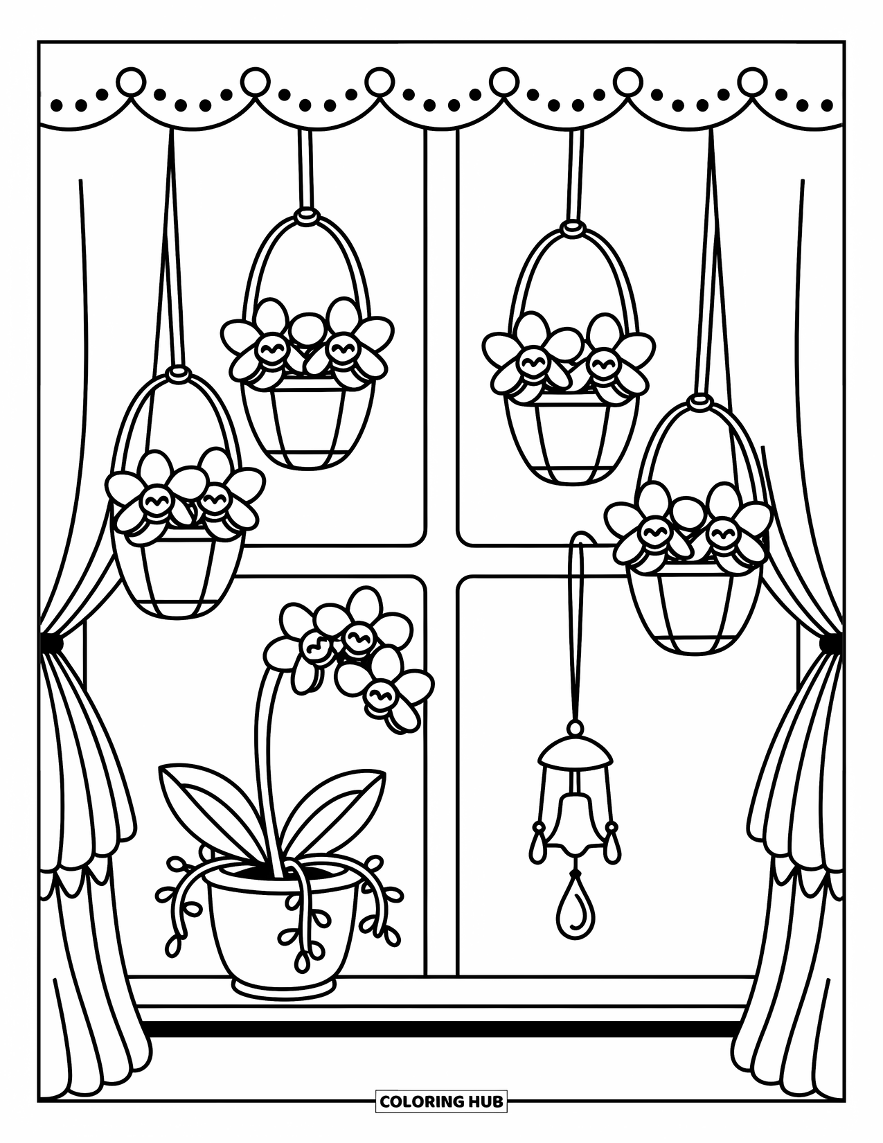 Orchid Coloring Page for Adults: Curtained window displays orchids and a sweet chime among tiny details