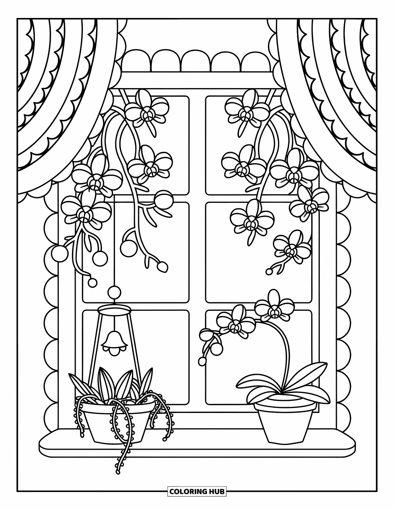 Orchid Coloring Page for Adults: Delicate orchids spill from a window with soft curtains and a flower-shaped chime