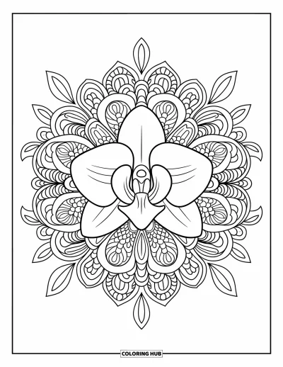 Desenho de orquídea para colorir para adultos: Mandala floral detalhada emoldurando uma orquídea simétrica ao centro