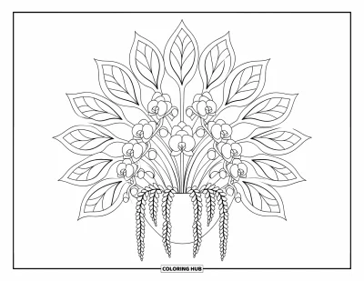 Desenho de orquídea para colorir para adultos: Vaso suspenso com orquídeas emoldurado por mandalas de folhas simétricas e detalhadas