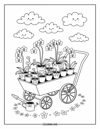 Desenho de orquídea para colorir para adultos: Carrinho antigo com vasos de orquídea e ferramentas de jardim decoradas com corações