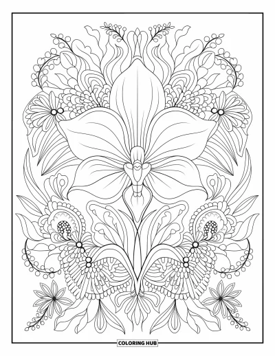 Desenho de orquídea para colorir para adultos: Mandala floral com orquídeas e pássaros pousados delicadamente entre os cipós