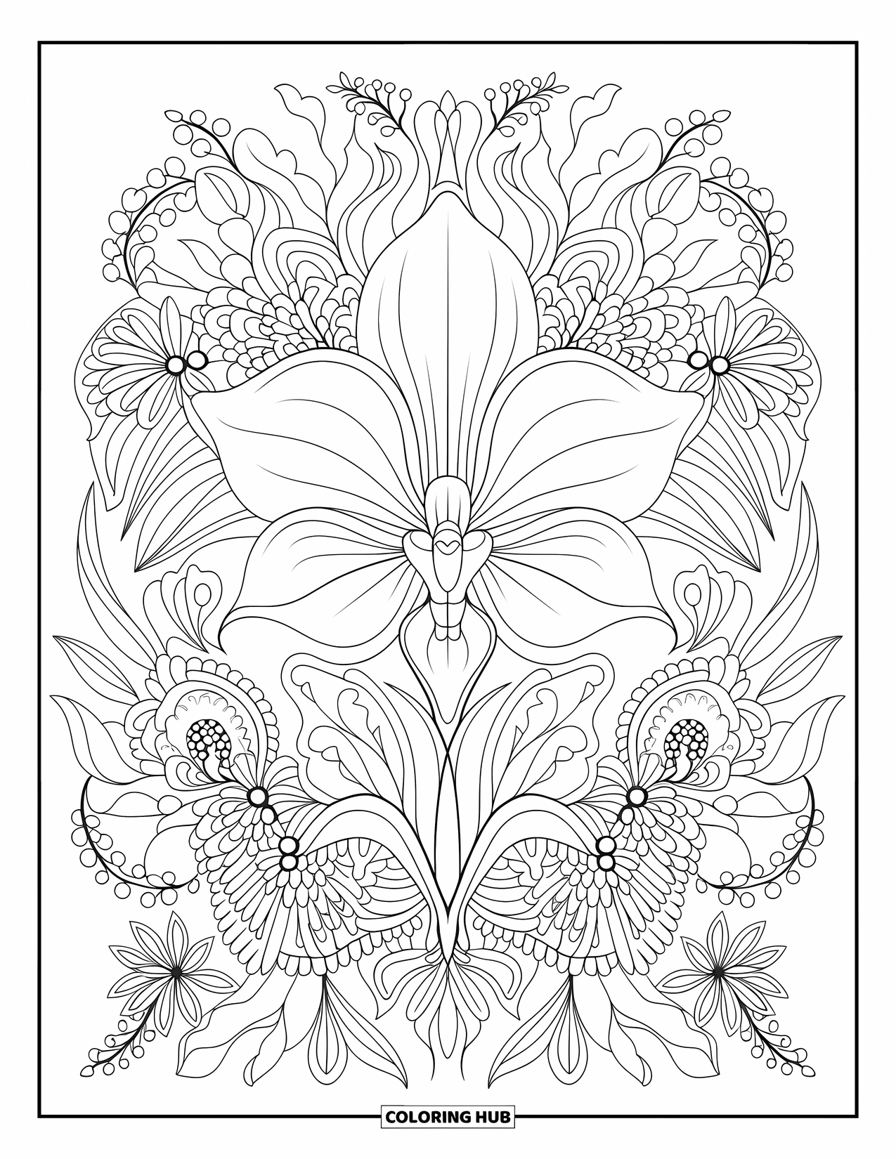 Orchid Coloring Page for Adults: Orchid and floral mandala with birds perched gently among the vines