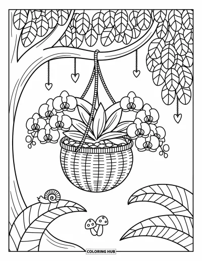 Desenho de orquídea para colorir para adultos: Cesto de orquídeas pendurado em árvore frondosa com estrelas, enfeites e um caracol