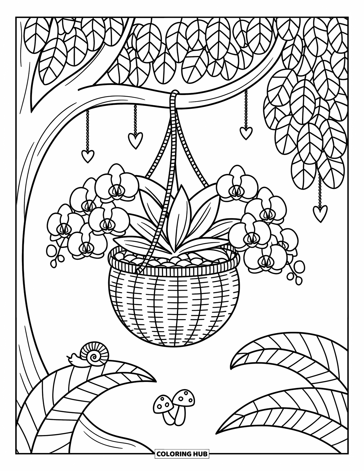 Orchid Coloring Page for Adults: Orchid basket hangs from a leafy tree with stars, ornaments, and a snail