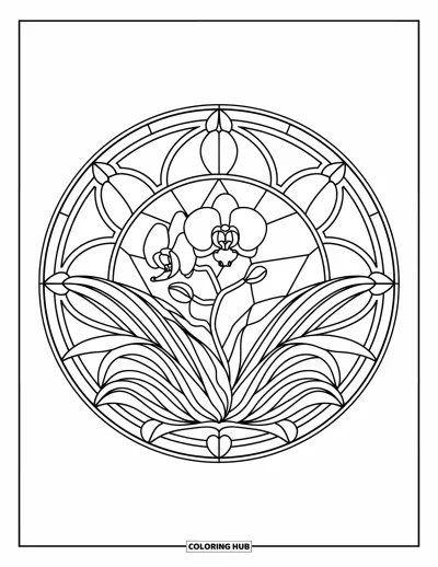 Desenho de orquídea para colorir para adultos: Flor de orquídea emoldurada em círculo estilo vitral com folhas e padrões