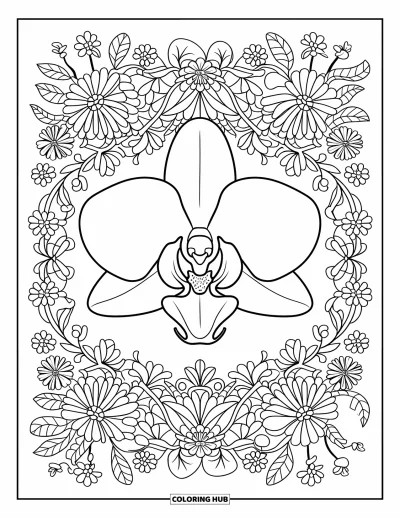 Desenho de orquídea para colorir para adultos: Flor de orquídea no centro de uma mandala de página inteira repleta de detalhes florais