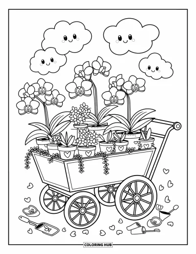 Desenho de orquídea para colorir para adultos: Carrinho cheio de orquídeas com ferramentas de jardim e pétalas suaves sob nuvens alegres