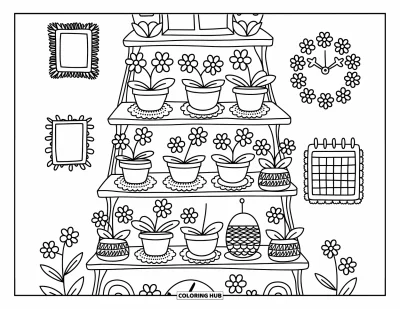 Desenho de orquídea para colorir para adultos: Vasos de orquídea em prateleira de madeira com porta-retratos e um relógio pequeno