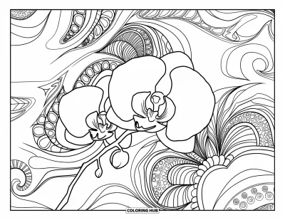 Desenho de orquídea para colorir para adultos: Caule de orquídea sobre padrões florais espiralados com detalhes elaborados