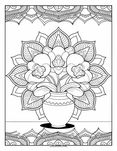 Desenho de orquídea para colorir para adultos: Vaso de orquídea cercado por pétalas de mandala intrincadas e borda em filigrana